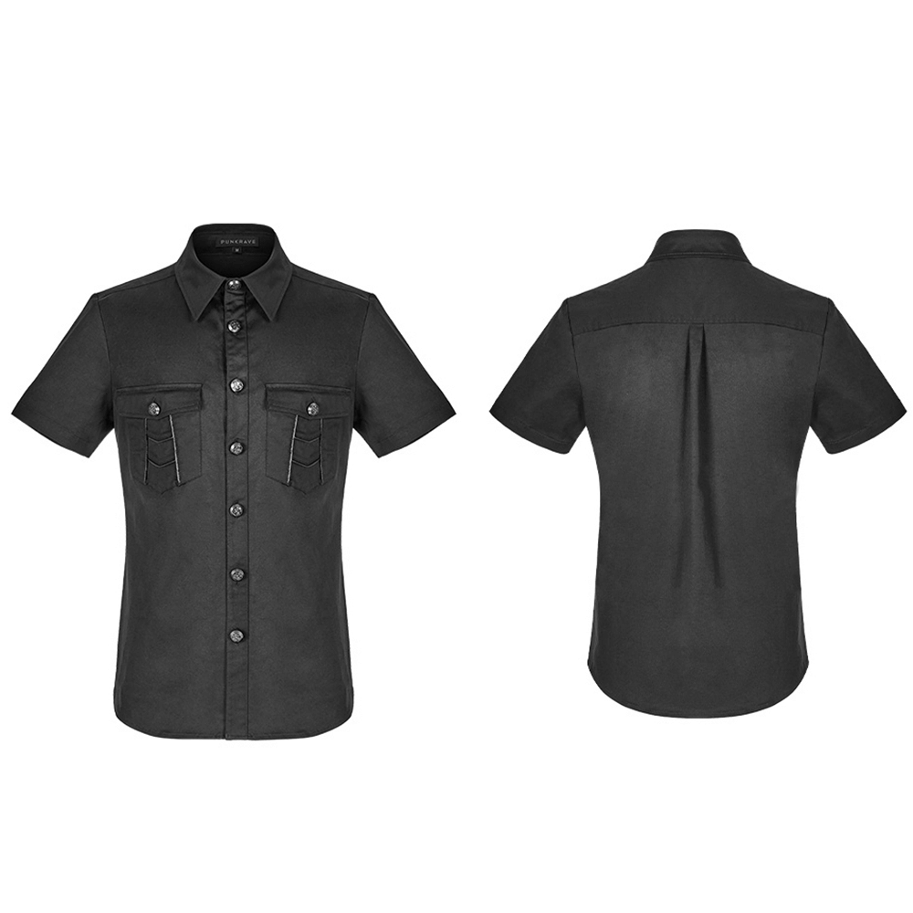 Men's black short sleeved punk shirt with pockets and metal buttons, showcasing a unique patchwork design.