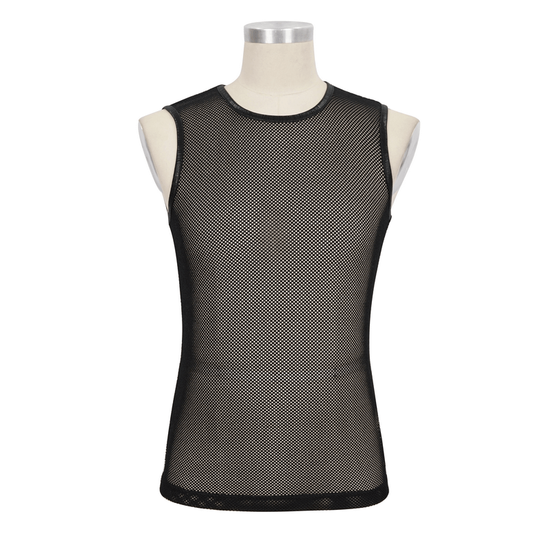Men's black sleeveless mesh tank top, gothic round neck, stylish see-through fabric, perfect for a trendy outfit.