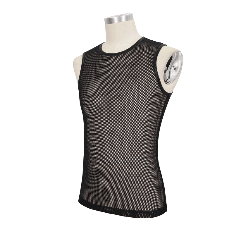 Men's black sleeveless mesh tank top with gothic style and modern cut for a trendy look.