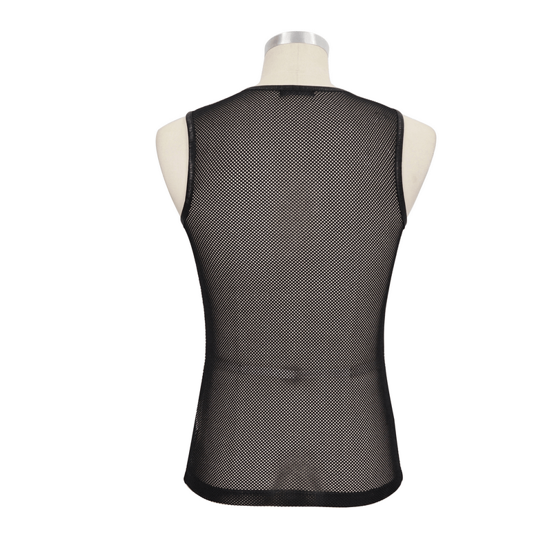 Men's black sleeveless mesh tank top, gothic style, showing a see-through design from the back, perfect for trendy looks.