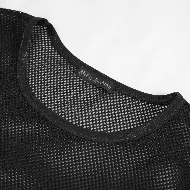 Close-up of men's black sleeveless mesh tank top with gothic round neck and label detail.