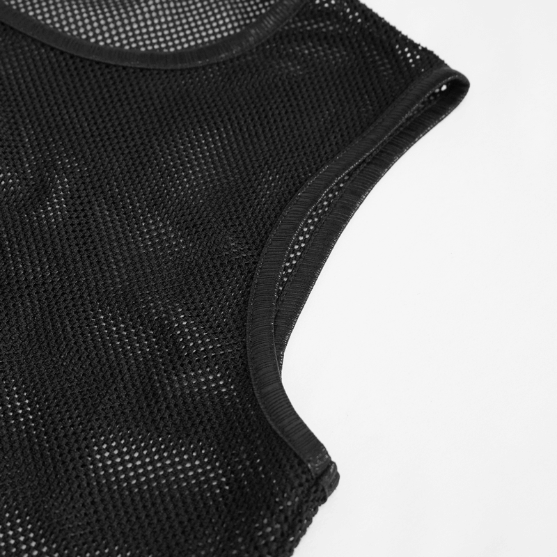 Close-up of men's black sleeveless mesh tank top showcasing gothic style and quality fabric.