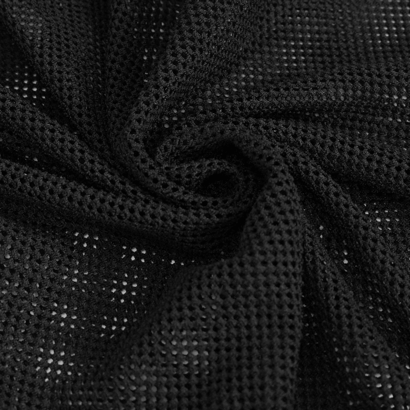 Close-up of black mesh fabric showcasing a breathable, gothic-style texture for men's sleeveless tank top.