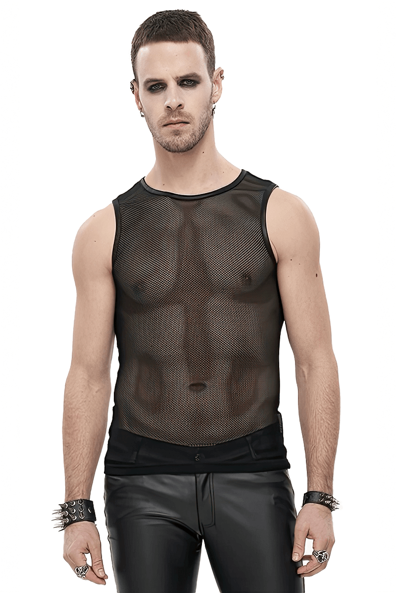Men's black sleeveless mesh tank top in gothic style, showcasing a modern cut and lightweight fabric for a trendy look.
