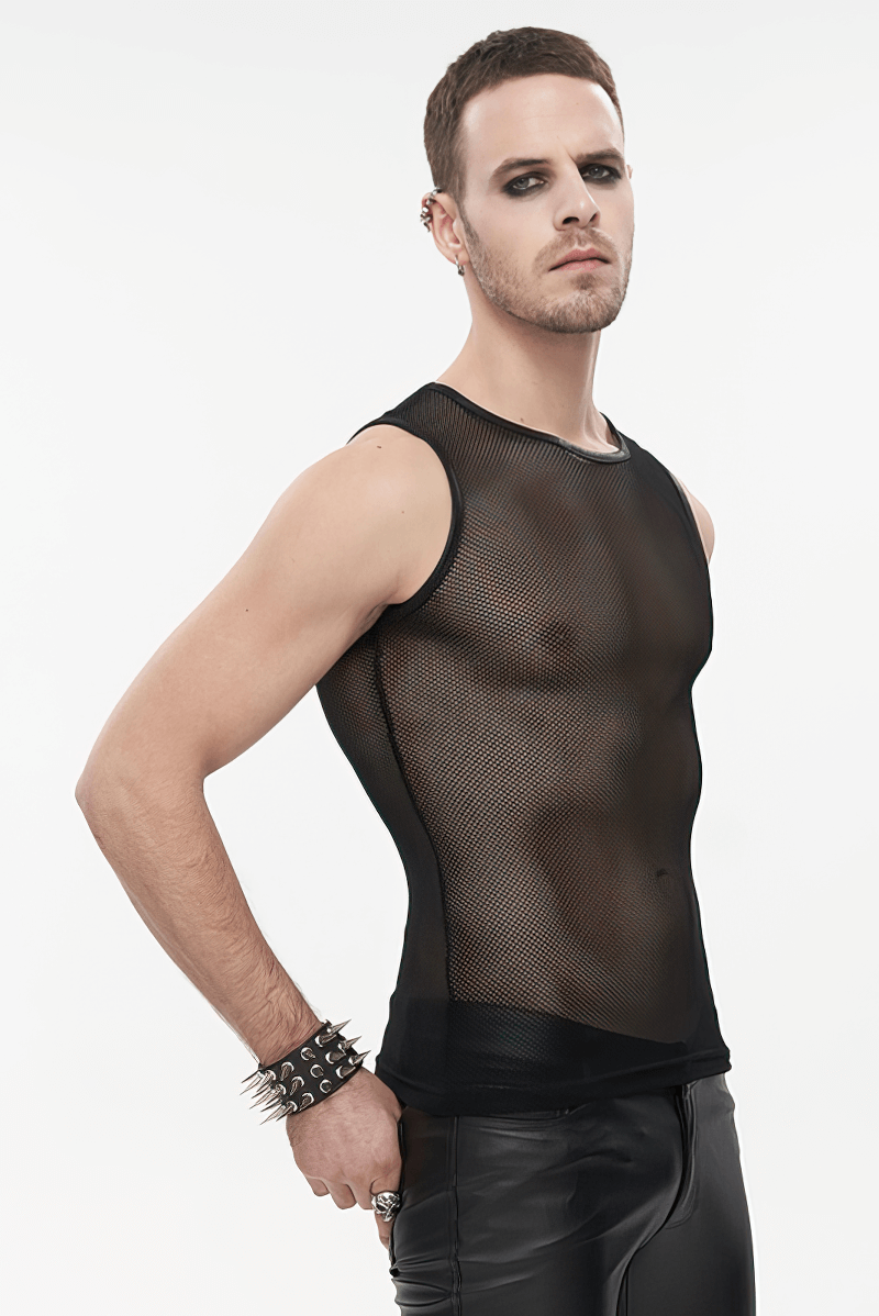 Men's Black Sleeveless Mesh Tank Top / Gothic Round Neck See-Through T-shirt