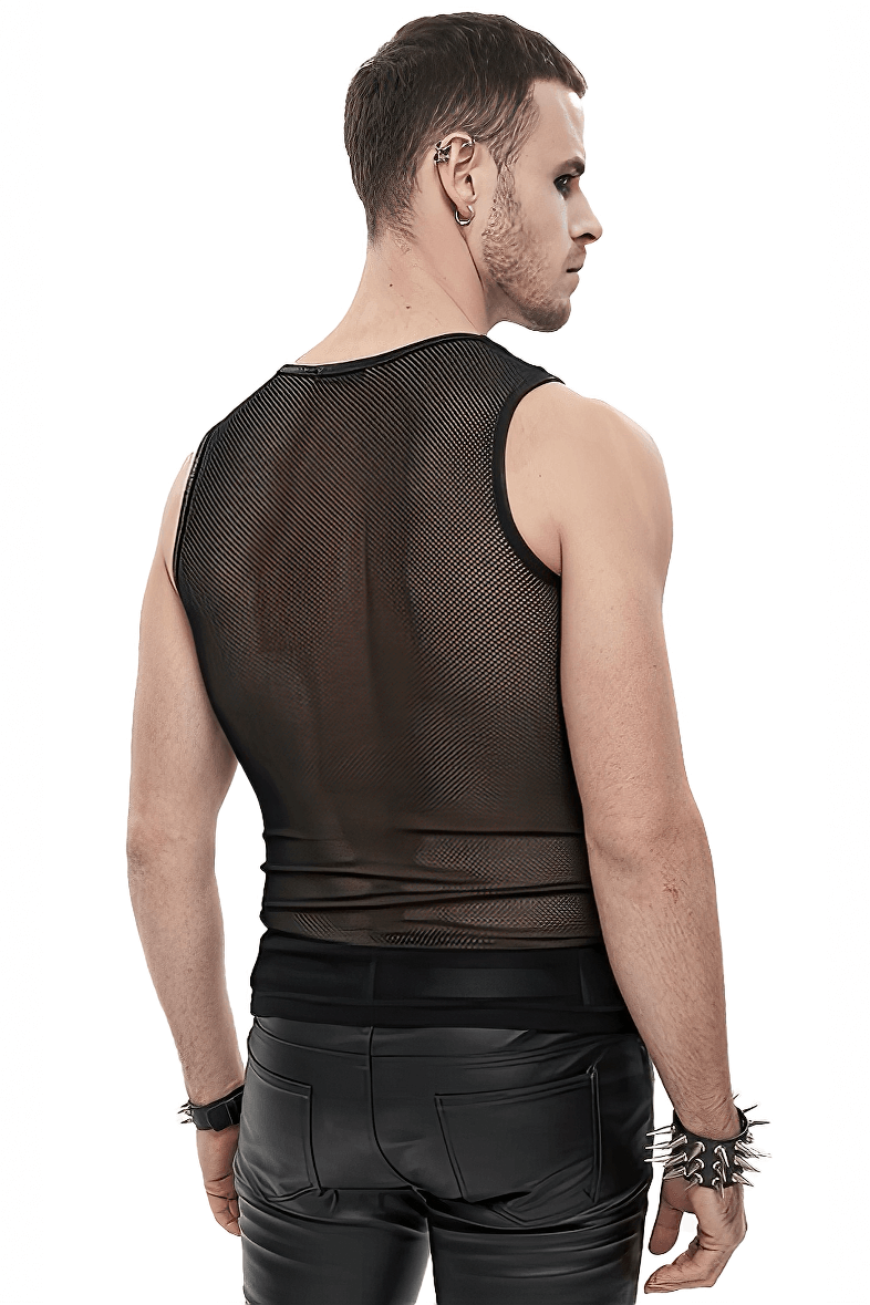 Men's black sleeveless mesh tank top featuring a gothic style from the back, showcasing modern cut and premium fabric.