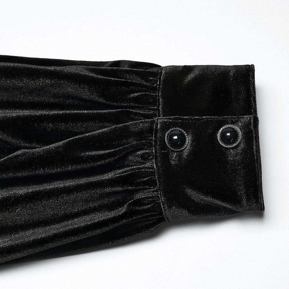 Men's Black Velvet Long-Sleeved Shirt with Gothic Style cuff detail featuring diamond pearl buttons.