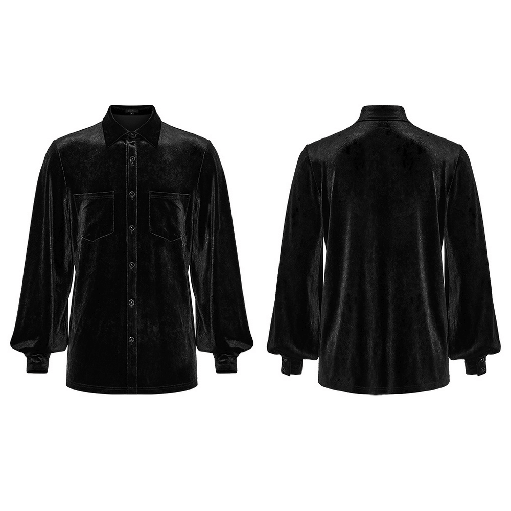 Men's Black Velvet Long-Sleeved Shirt with Gothic Style, featuring diamond pearl buttons and elastic velvet fabric.