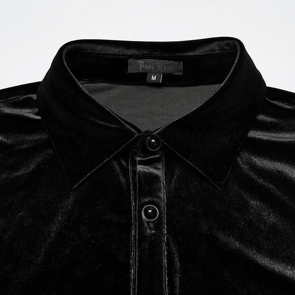 Men's Black Velvet Long-Sleeved Shirt with Gothic Style close-up of collar and buttons, showcasing elegant dark aesthetics.