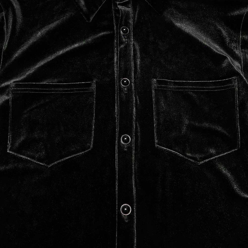 Men's Black Velvet Long-Sleeved Shirt with Gothic Style featuring elegant diamond pearl buttons and soft velvet texture.