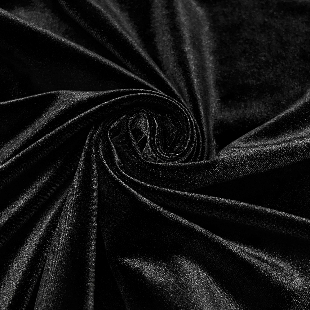 Men's Black Velvet Long-Sleeved Shirt with Gothic Style fabric close-up showing soft and luxurious velvet texture.