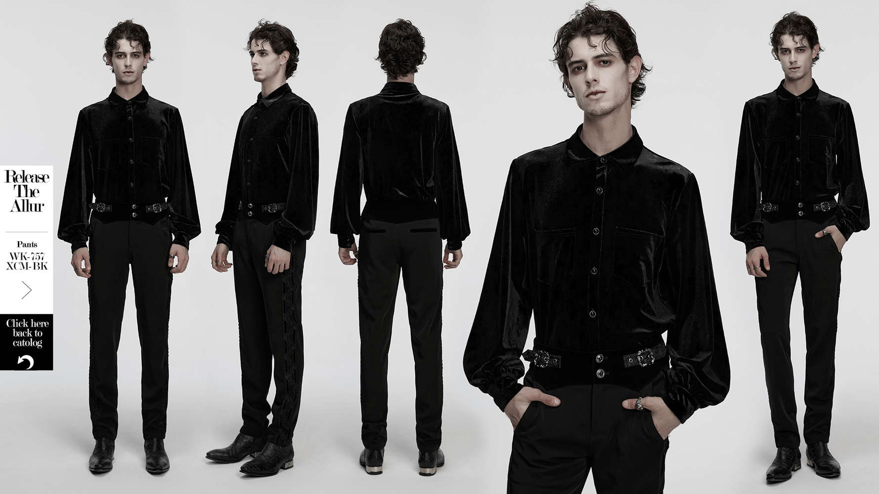 Men's Black Velvet Long-Sleeved Shirt with Gothic Style showcased in elegant goth fashion featuring diamond pearl buttons.