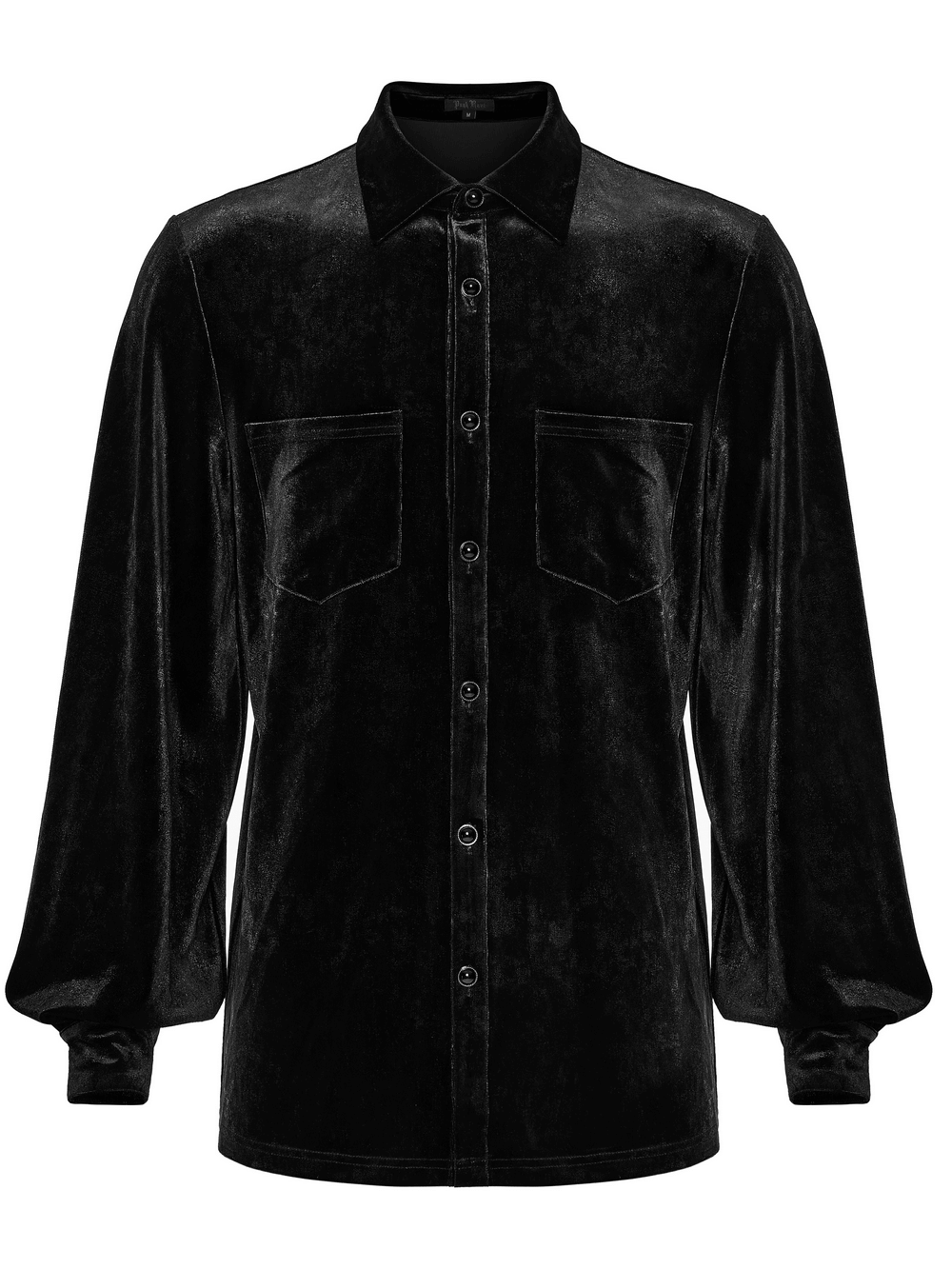 Men's Black Velvet Long-Sleeved Shirt with Gothic Style, featuring bright diamond pearl buttons and a dark elegant aesthetic.