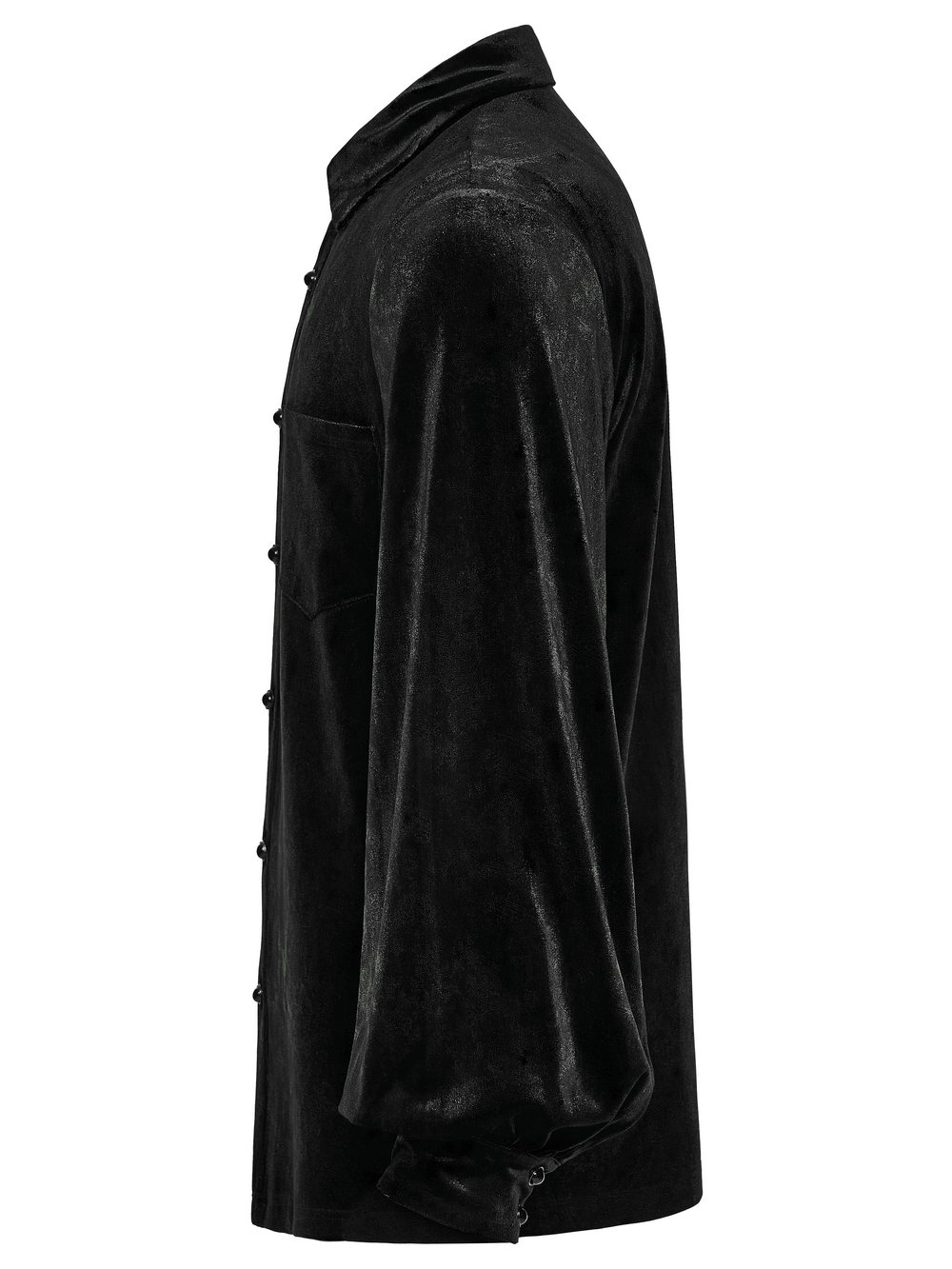 Men's Black Velvet Long-Sleeved Shirt with Gothic Style showcased in a side view for dark fashion enthusiasts.
