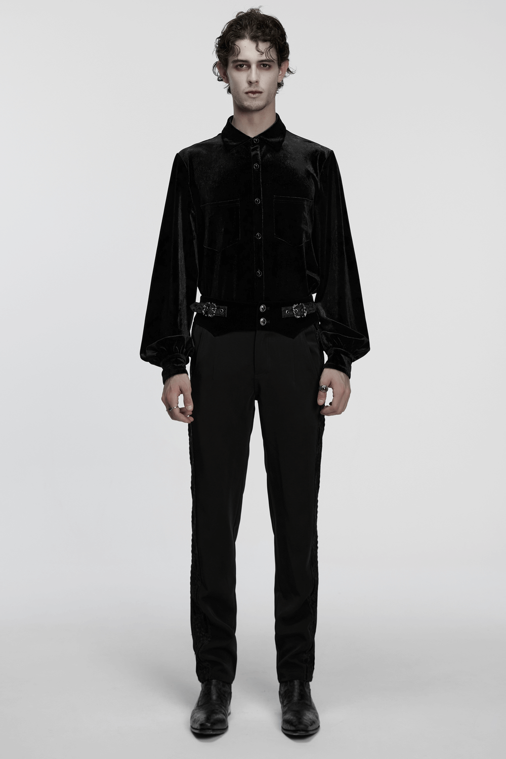 Men's Black Velvet Long-Sleeved Shirt with Gothic Style worn by a model paired with black fitted trousers.