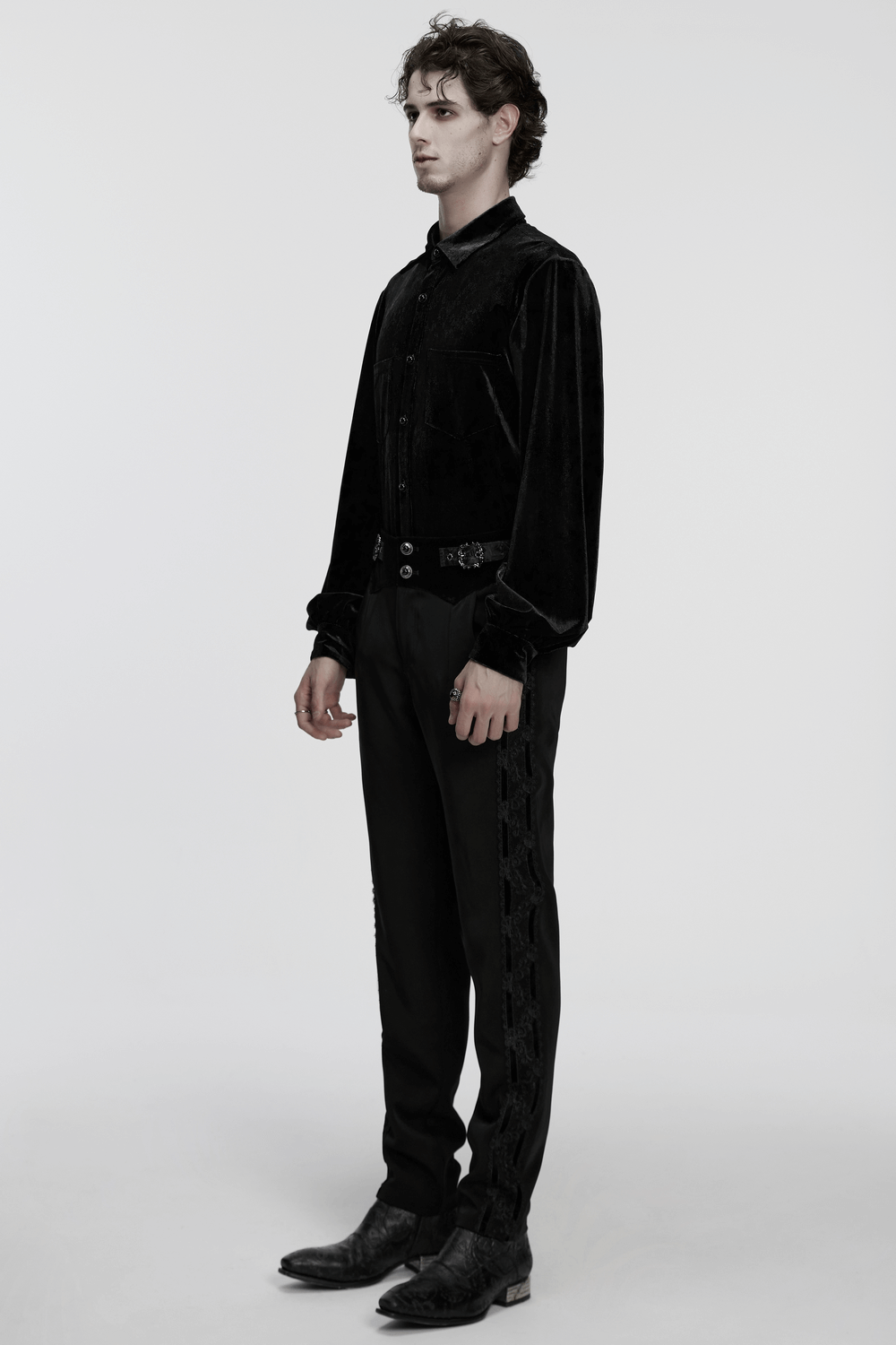 Men's Black Velvet Long-Sleeved Shirt with Gothic Style worn by a model in a stylish pose.