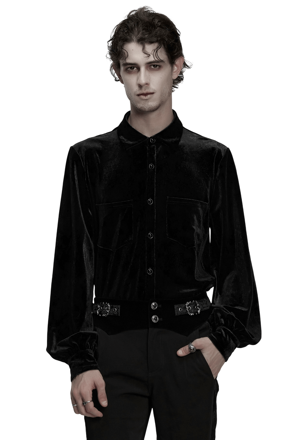 Men's Black Velvet Long-Sleeved Shirt with Gothic Style worn by a model, showcasing elegant dark aesthetic and fitted design.