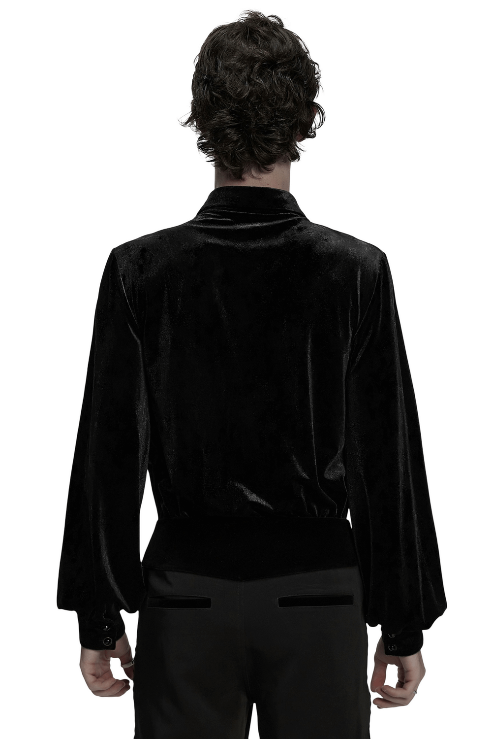 Men's Black Velvet Long-Sleeved Shirt with Gothic Style - Back view showcasing elegant dark aesthetic.