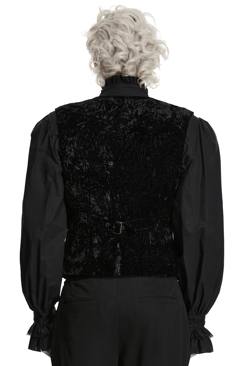 Men's Black Victorian Velvet V-Neck Waistcoat back view showcasing intricate velvet texture and buckle detail.