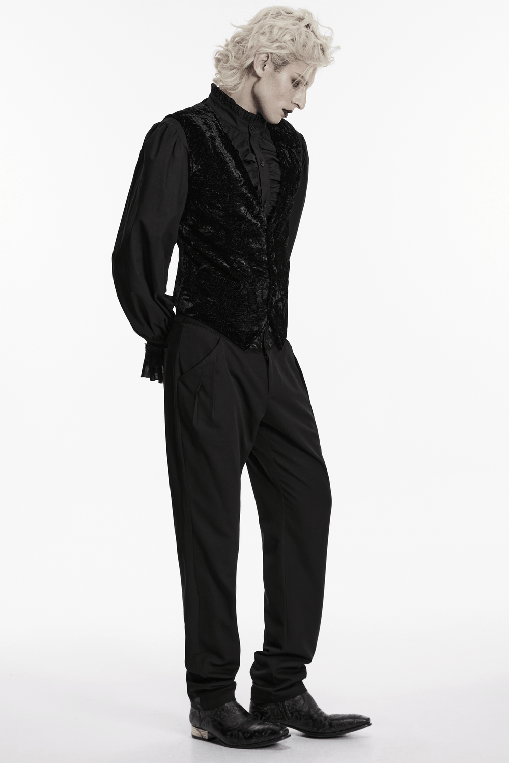Men's Black Victorian Velvet V-Neck Waistcoat worn with black pants, styled for a gothic aesthetic.