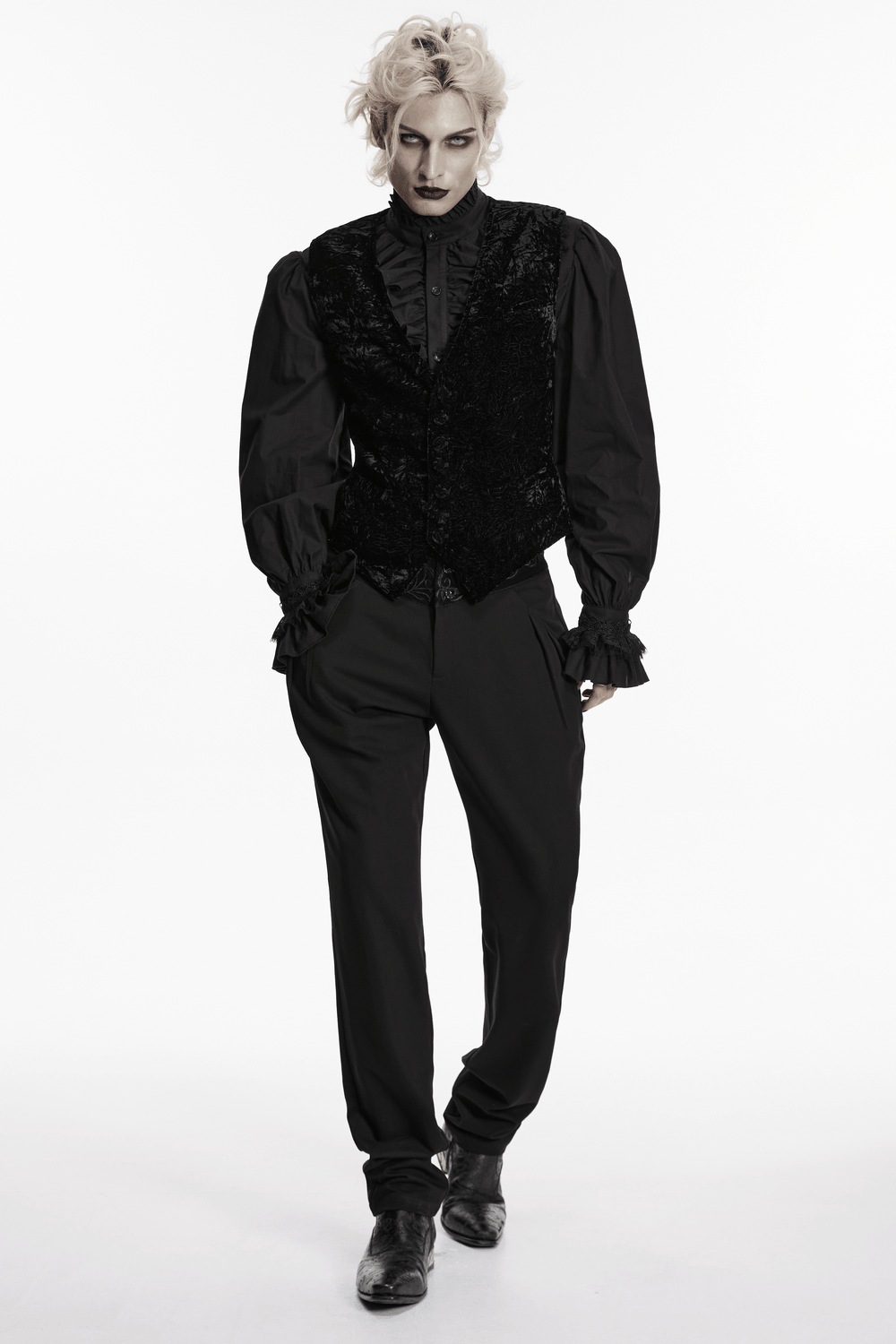 Men's Black Victorian Velvet V-Neck Waistcoat styled with a gothic outfit for a striking alternative look.