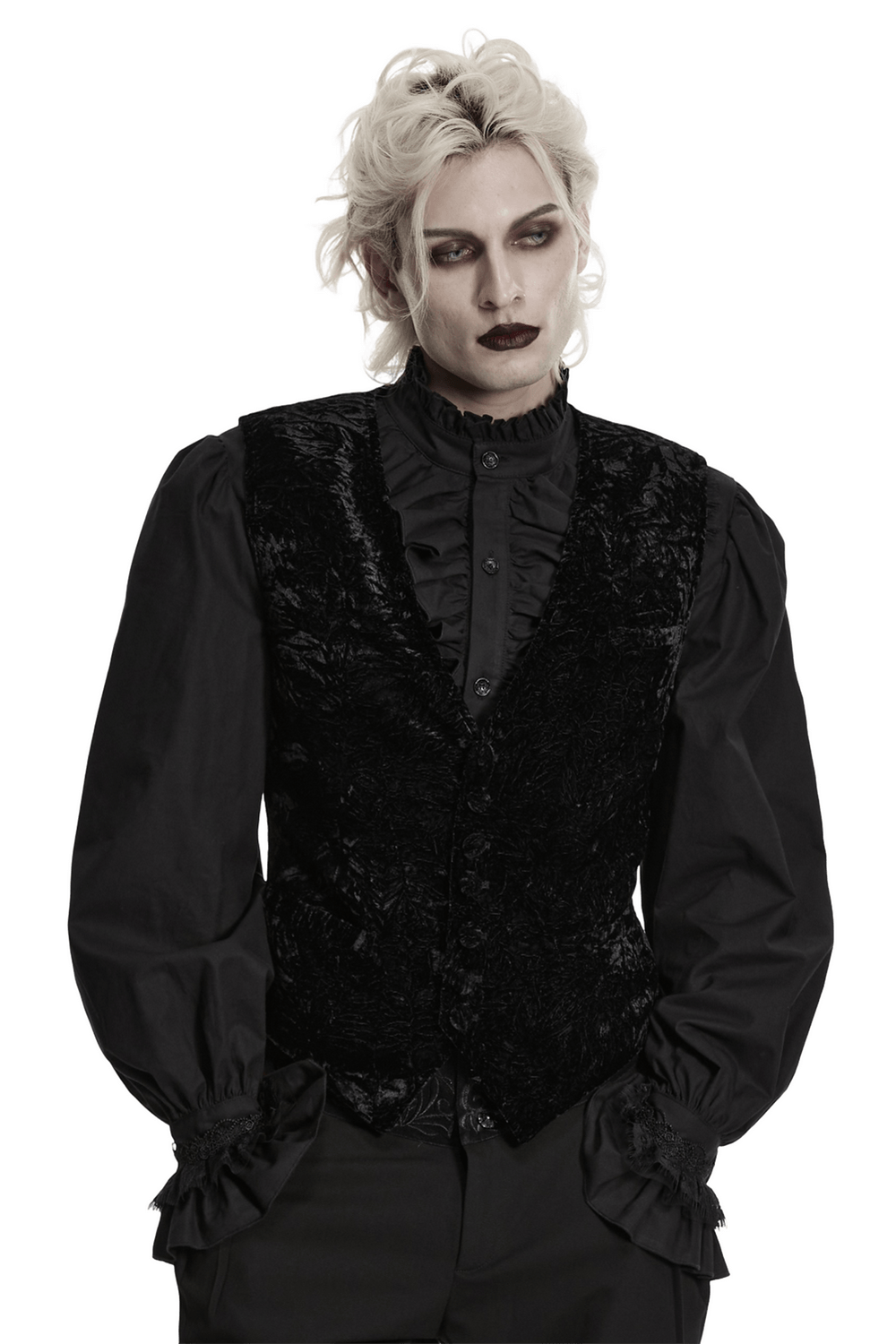 Men's Black Victorian Velvet V-Neck Waistcoat featuring dark luster finish and gothic style, creating a dramatic look.