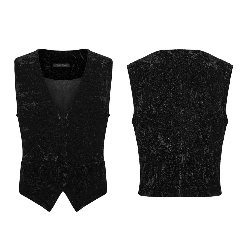 Men's Black Victorian Velvet V-Neck Waistcoat front and back view, showcasing its elegant velvet texture and stylish design.