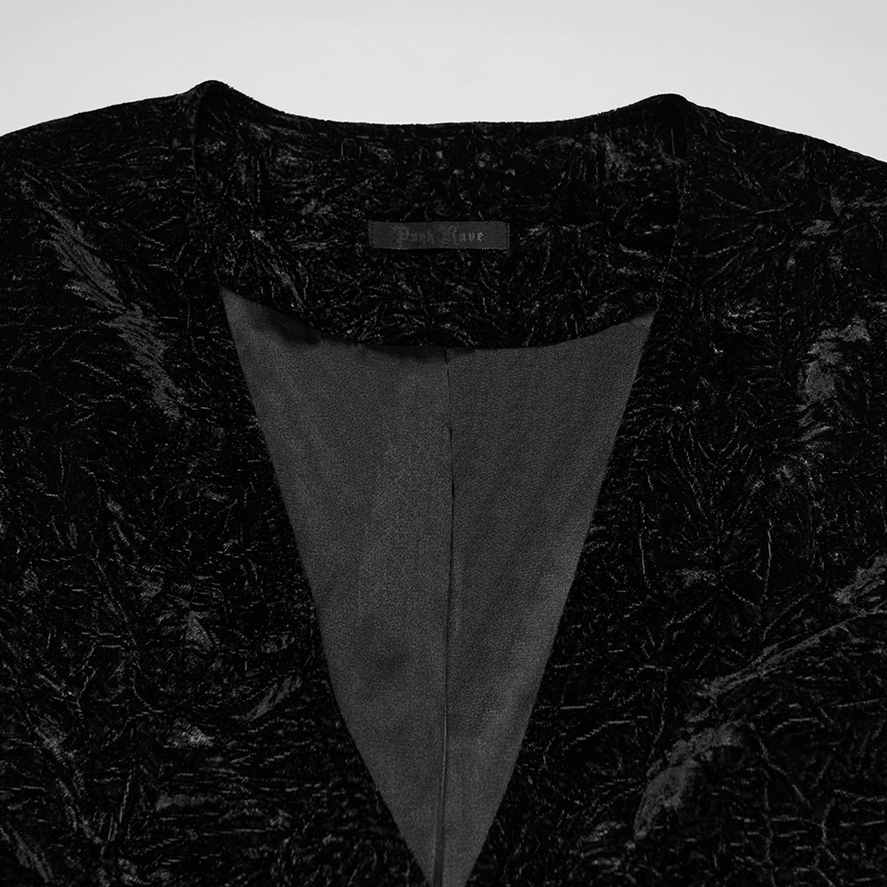 Men's Black Victorian Velvet V-Neck Waistcoat close-up showing deep V neckline and intricate black velvet texture.
