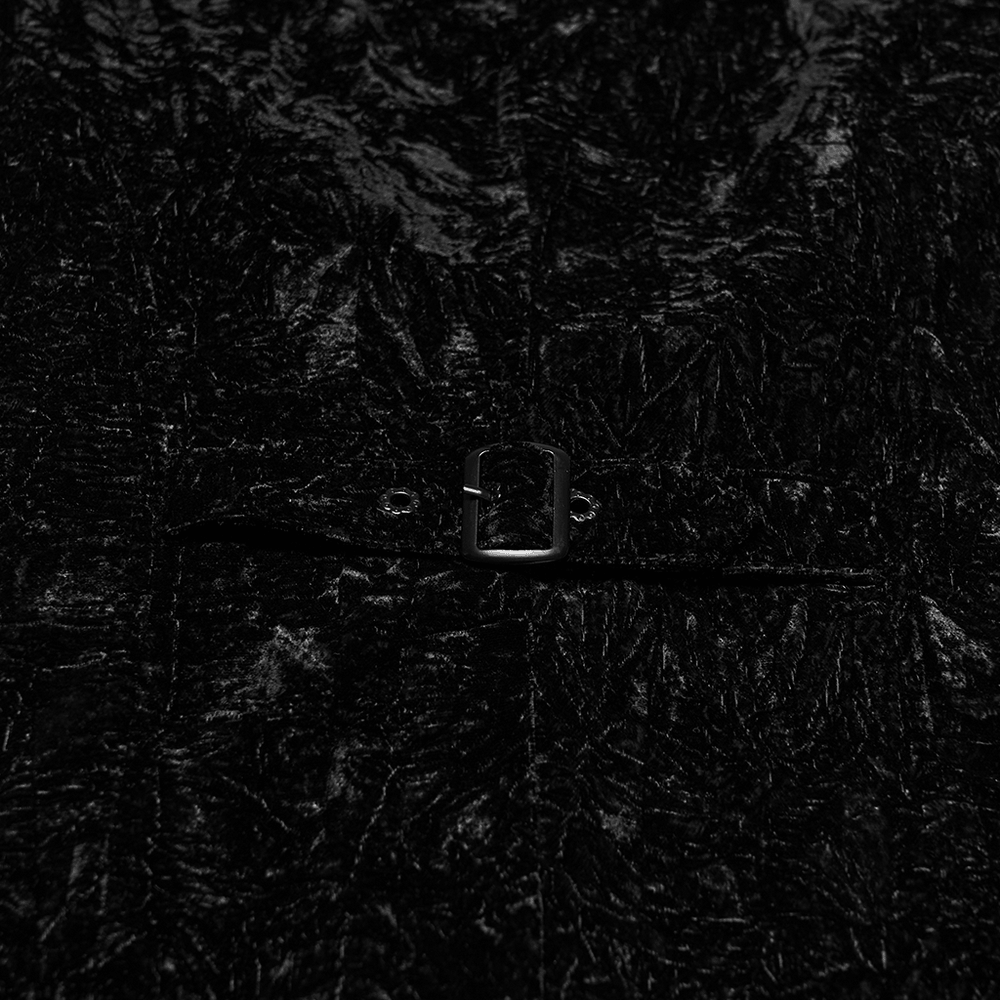 Close-up view of the buckle on the Men's Black Victorian Velvet V-Neck Waistcoat, highlighting the dark patterned velvet texture.