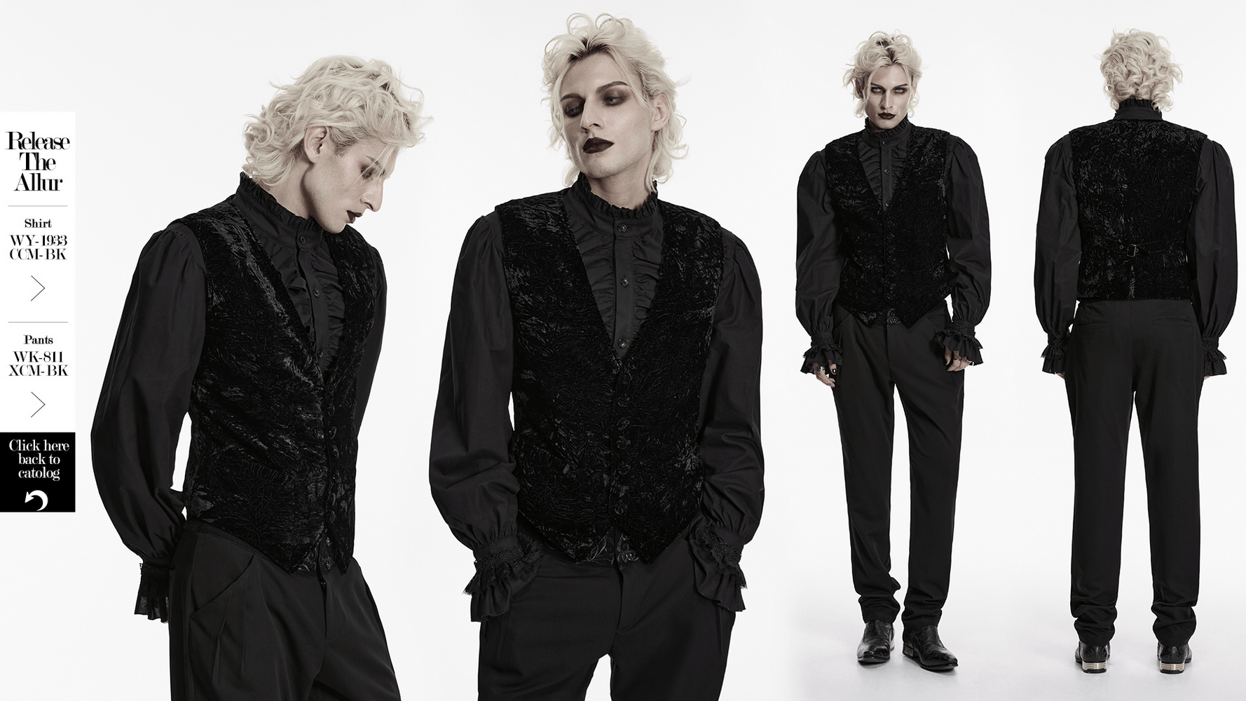 Men's Black Victorian Velvet V-Neck Waistcoat worn with black pants, styled with gothic flair and dark aesthetic.