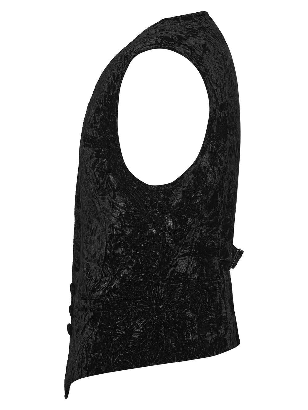 Men's Black Victorian Velvet V-Neck Waistcoat side view showcasing its gothic textured design and sharp silhouette.