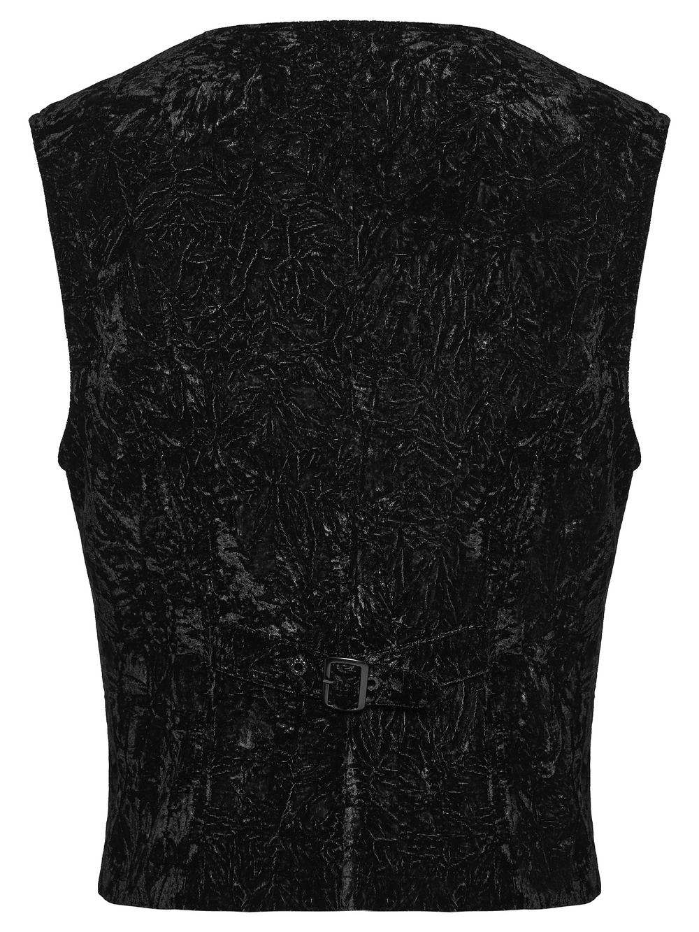 Men's Black Victorian Velvet V-Neck Waistcoat back view with intricate dark-patterned texture.