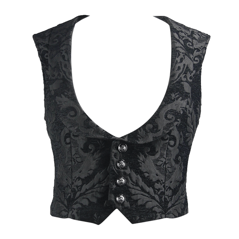 Men's Black Waistcoat With Tapestry Damask Pattern / Gothic Waistcoats with Buckle belt back - HARD'N'HEAVY