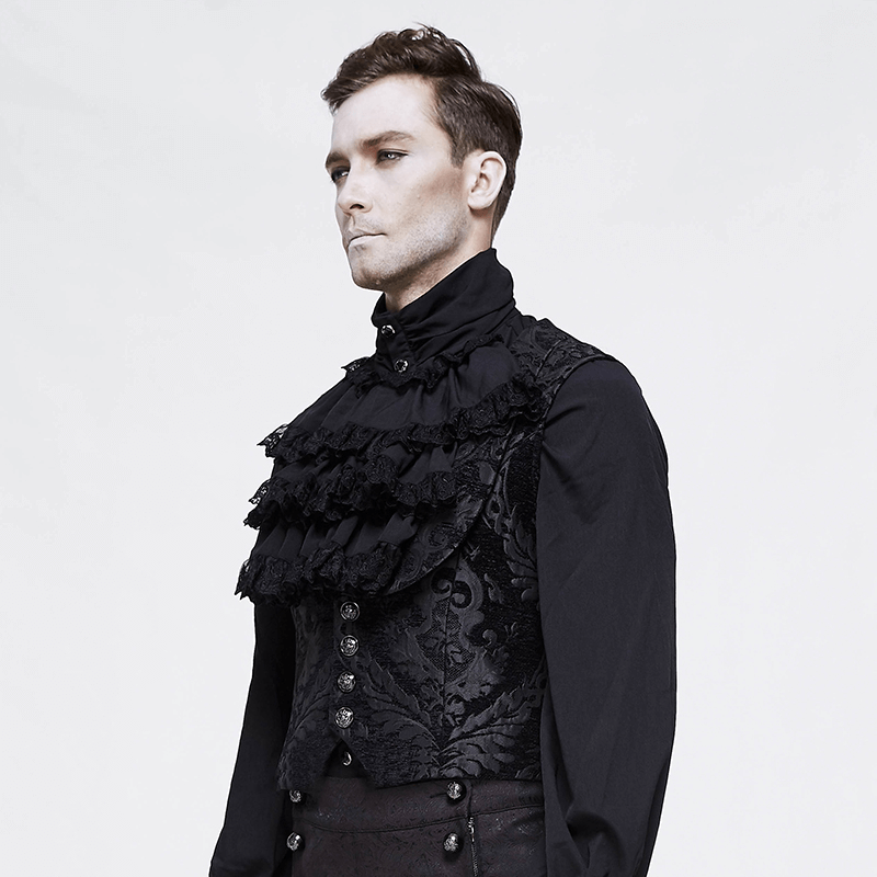 Men's Black Waistcoat With Tapestry Damask Pattern / Gothic Waistcoats with Buckle belt back - HARD'N'HEAVY