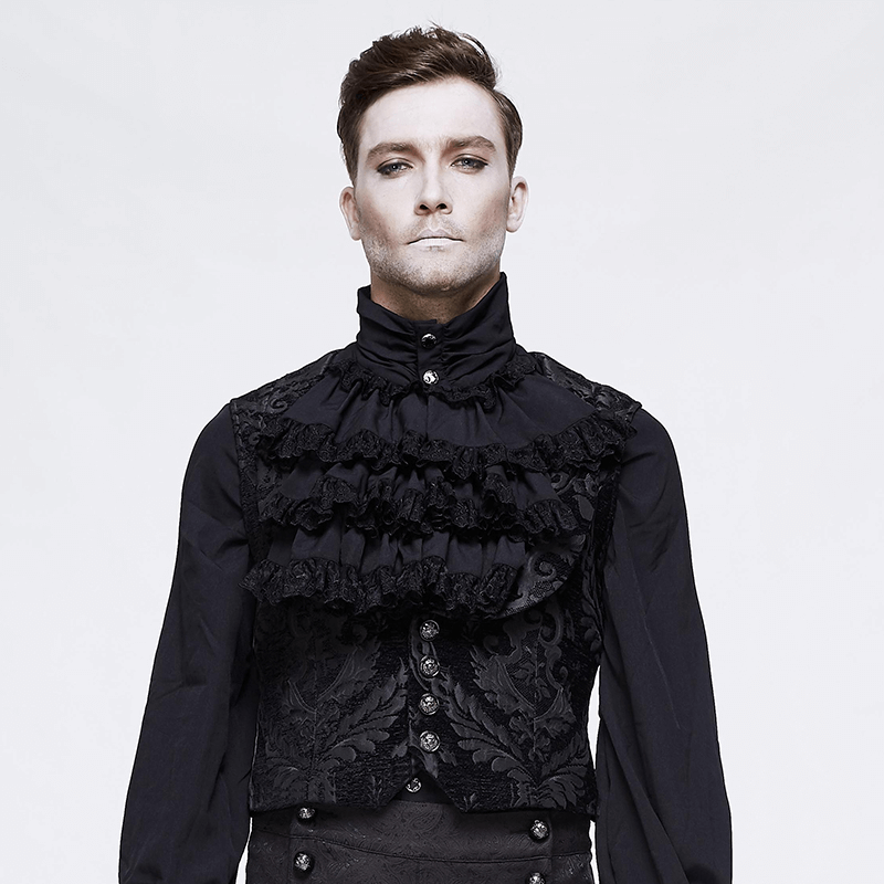 Men's Black Waistcoat With Tapestry Damask Pattern / Gothic Waistcoats with Buckle belt back - HARD'N'HEAVY