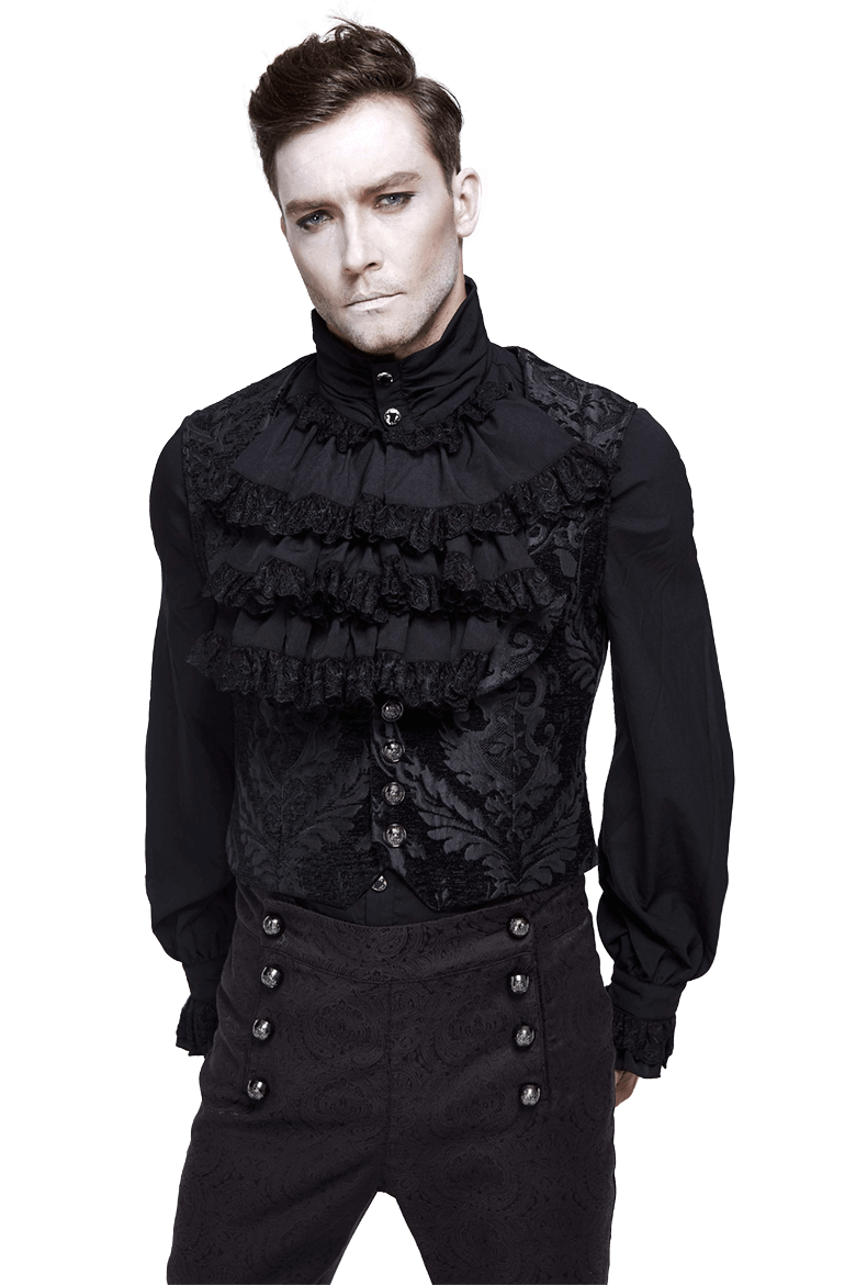 Men's Black Waistcoat With Tapestry Damask Pattern / Gothic Waistcoats with Buckle belt back - HARD'N'HEAVY