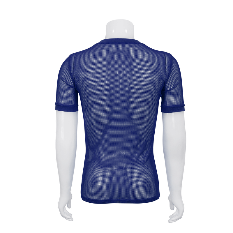 Men's blue short-sleeved mesh T-shirt showcasing transparent back, perfect for alternative fashion styles.