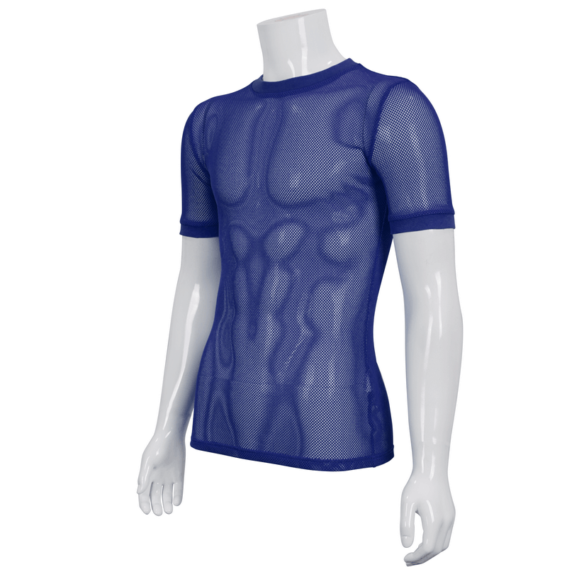 Men's blue short-sleeved mesh t-shirt, stylish alternative fashion, breathable fabric, trendy punk style.