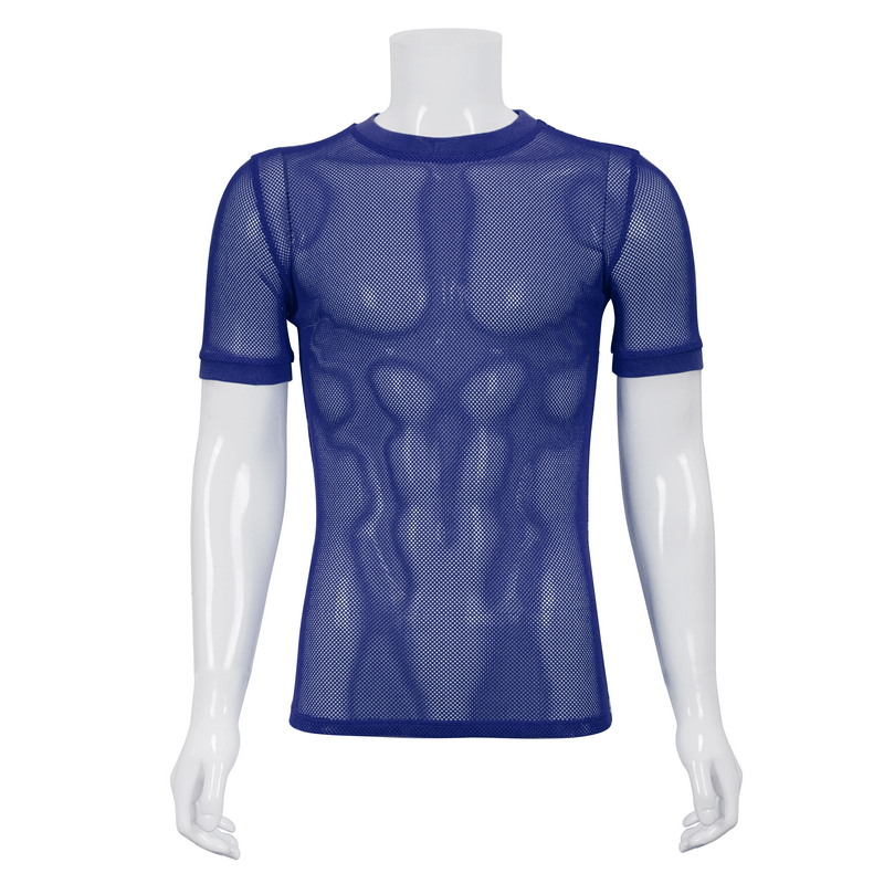 Men's blue short-sleeved mesh O-neck T-shirt, showcasing an alternative punk fashion style for trendy comfort.