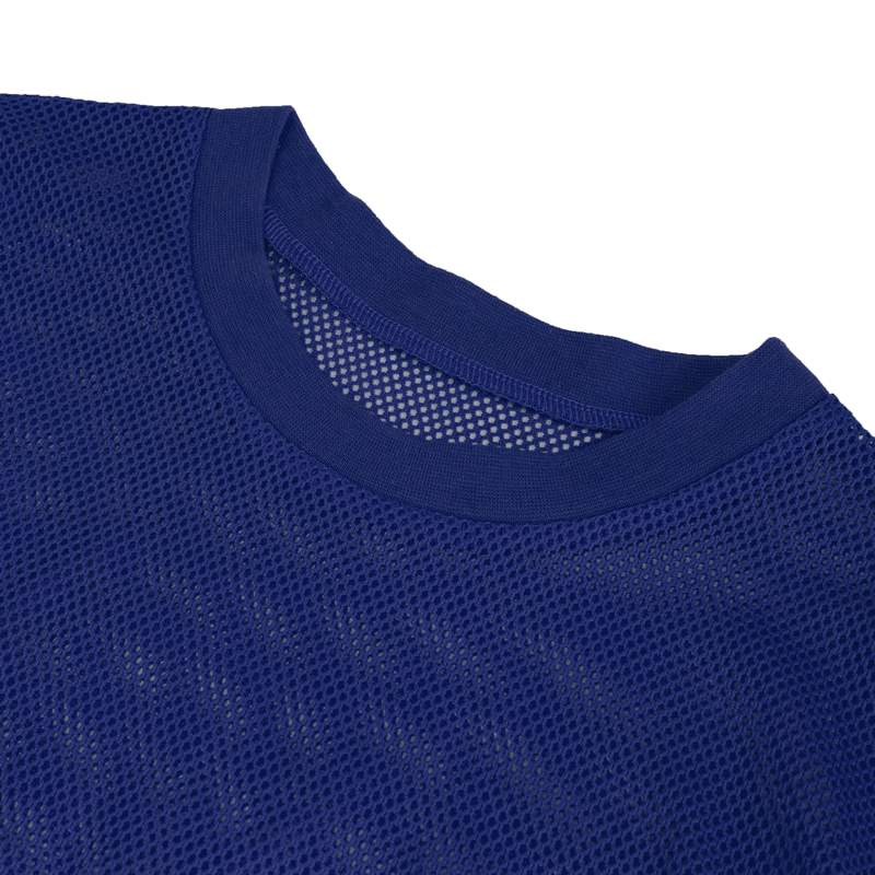 Men's blue O-neck mesh t-shirt featuring transparent fabric, perfect for alternative fashion and stylish comfort.