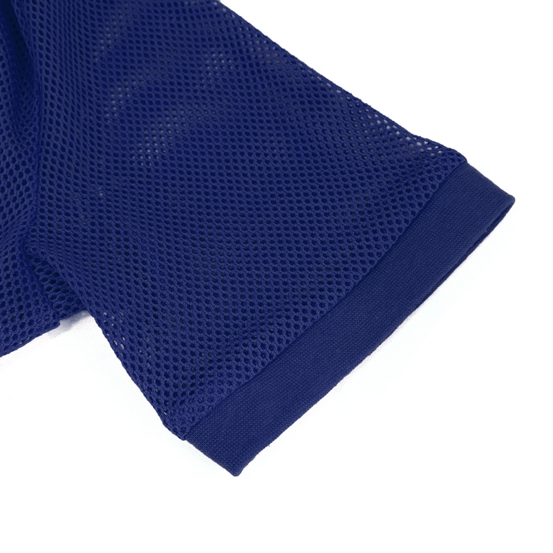 Close-up of the sleeve of a men's blue mesh T-shirt, showcasing its unique texture and breathable fabric.