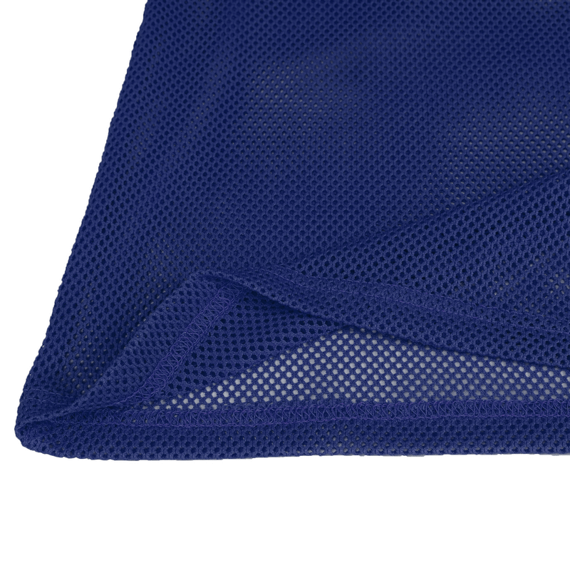 Close-up of men's blue mesh fabric showing breathable texture, perfect for alternative fashion t-shirts.