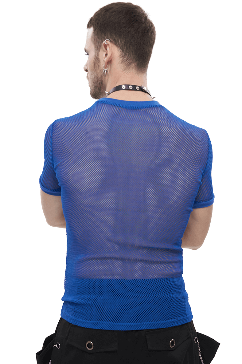 Men's Blue O-Neck Mesh T-Shirt / Punk Short-Sleeved Transparent T-Shirt / Alternative Fashion - HARD'N'HEAVY