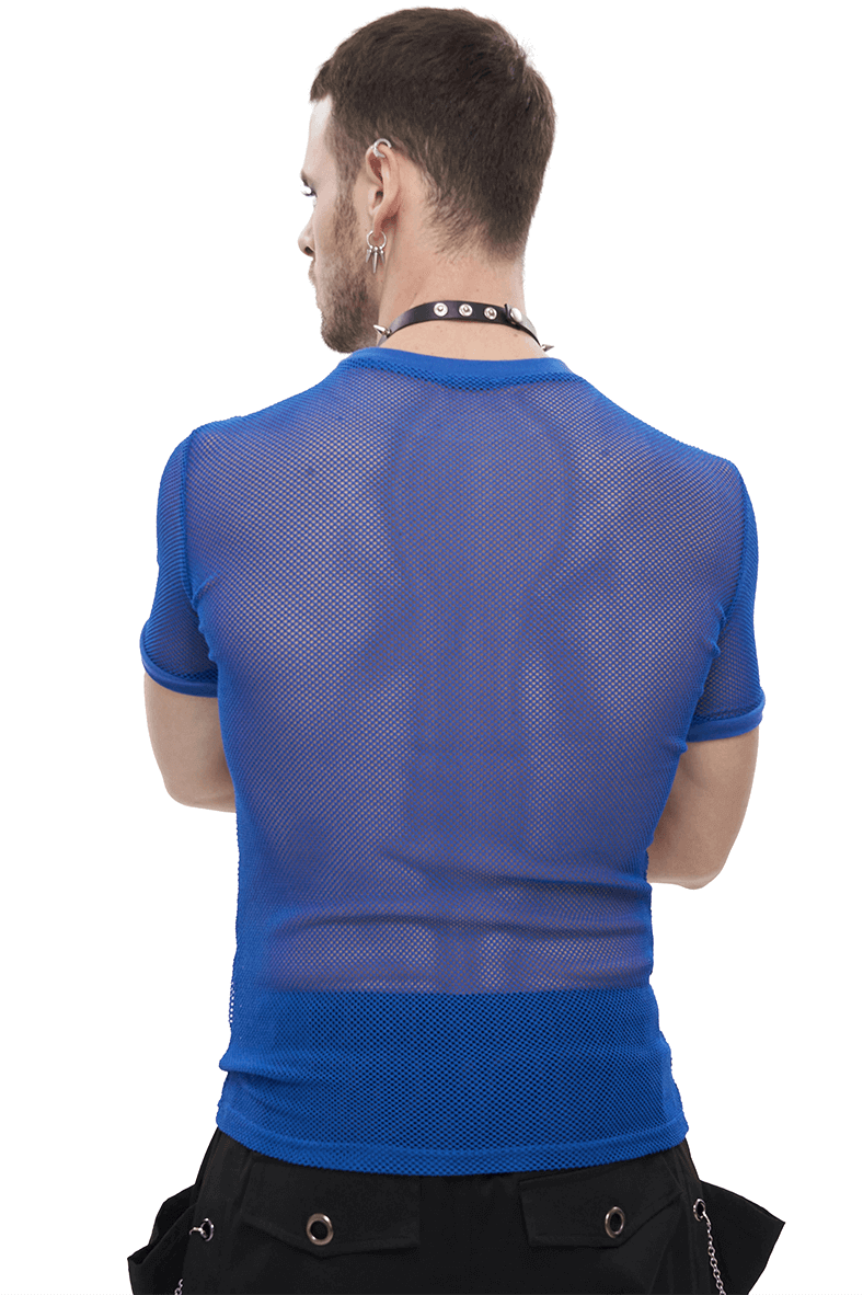 Men's blue mesh t-shirt showcasing an alternative punk style from the back, perfect for bold fashion choices.