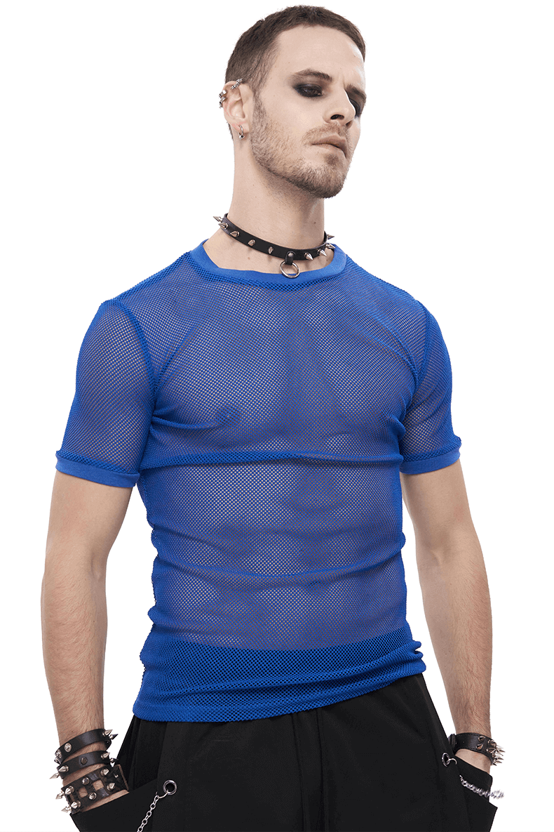 Men's Blue O-Neck Mesh T-Shirt / Punk Short-Sleeved Transparent T-Shirt / Alternative Fashion - HARD'N'HEAVY