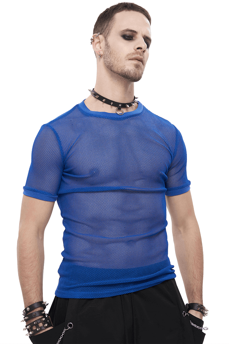 Men's blue short-sleeved mesh t-shirt in alternative fashion, perfect for a punk style look.