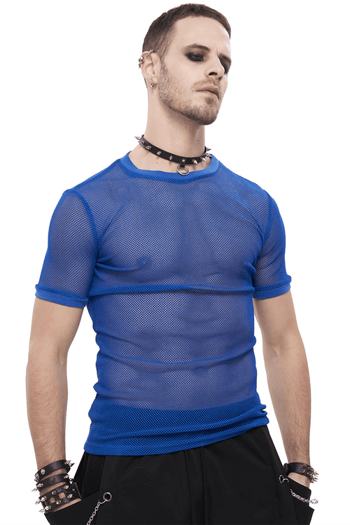 Blaues O-Ausschnitt-Mesh-T-Shirt für Herren / Punk-Kurzarm-Transparent-T-Shirt / Alternative Mode