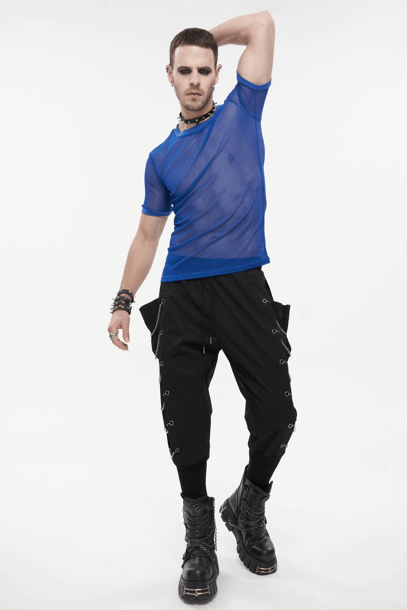 Men's blue mesh O-neck T-shirt showcasing alternative punk fashion, paired with edgy black pants and boots.