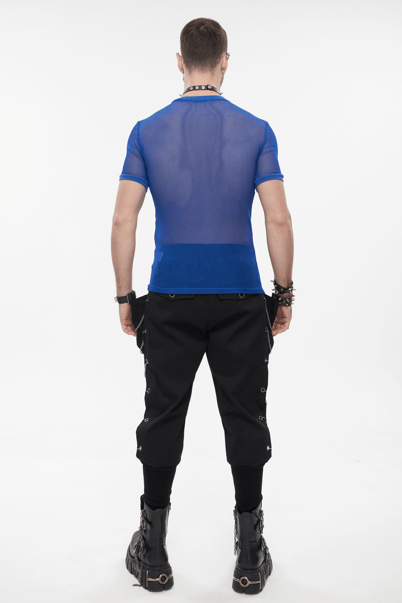 Men's blue short-sleeved mesh t-shirt, alternative punk fashion, showcasing the back view.