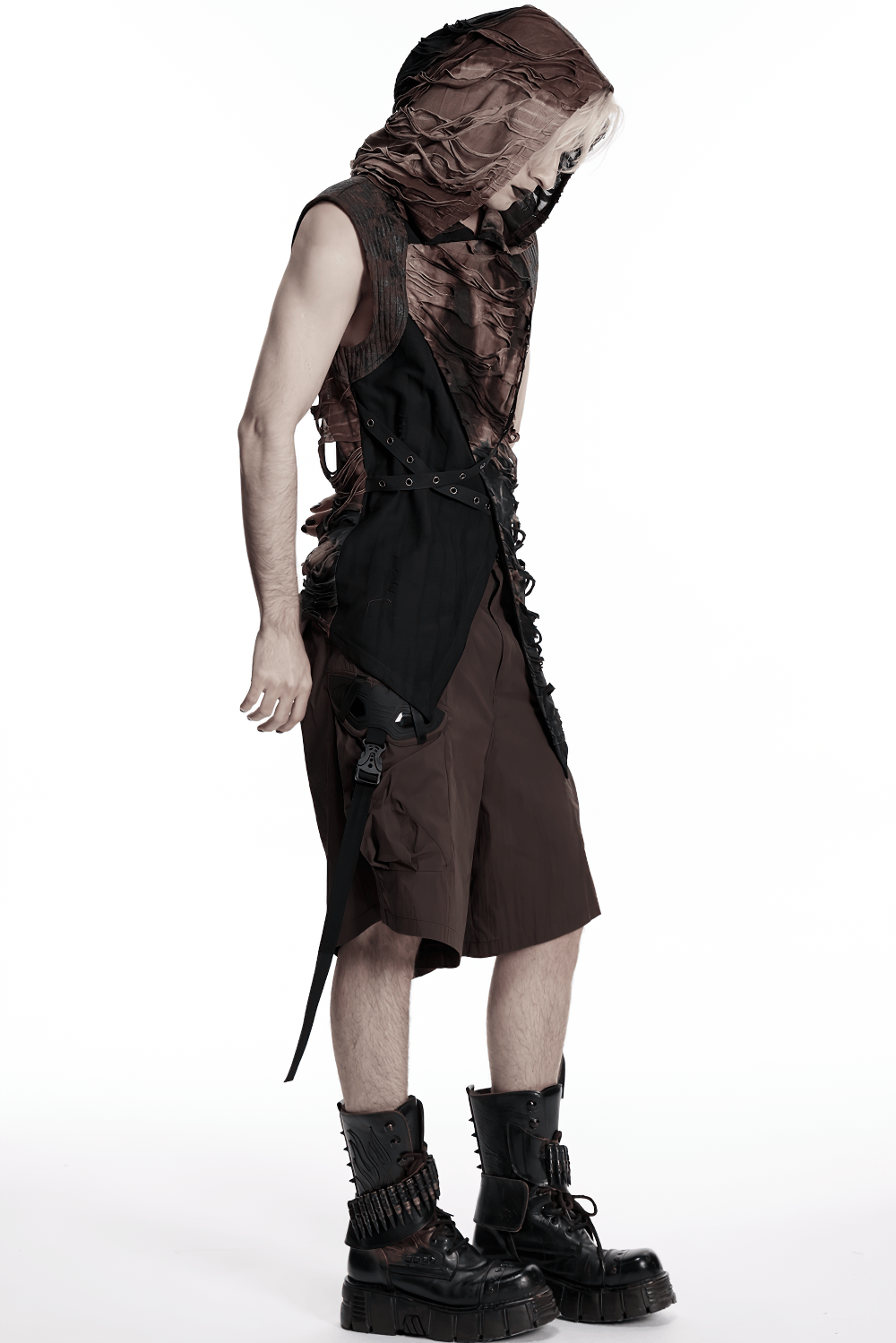 Men's Brown Post-Apocalyptic Hooded Asymmetric Sleeveless Top styled with cargo shorts and boots